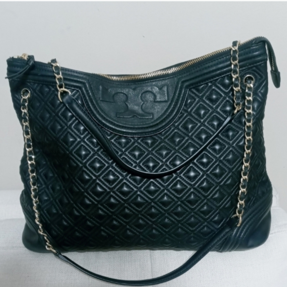 Tory Burch Leather Logo Quilted Fleming Tote Bag Black